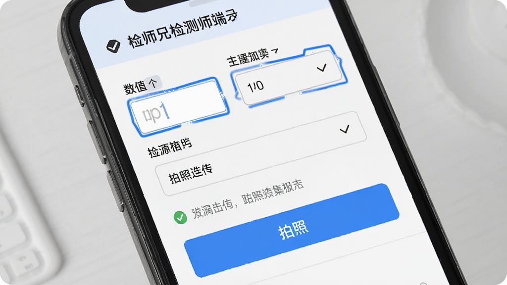 检师兄检测师端数据采集页面,主体为手机屏幕显示检测数据录入表单,包含数值输入框、下拉选项和拍照上传按钮,布局为上下分栏式,风格为极简工具风,细节包括蓝色高亮边框、对勾图标和提示文字,画质高清,干净,无多余元素