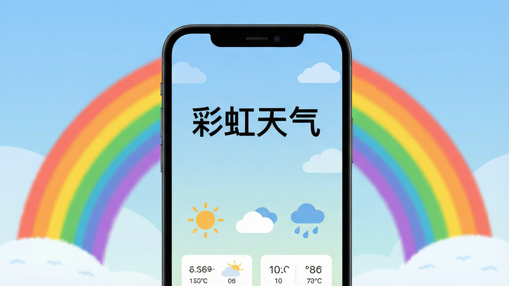 一幅展示彩虹天气手机应用界面的插画,主体为一部竖屏智能手机,屏幕中央显示“彩虹天气”四个大字,下方有太阳、云朵和雨滴图标,背景是柔和的蓝天渐变与一道鲜艳的彩虹,布局简洁居中,风格为扁平化现代UI设计,细节包括微小的天气数据卡片和温度数字,画质清晰干净,无多余元素