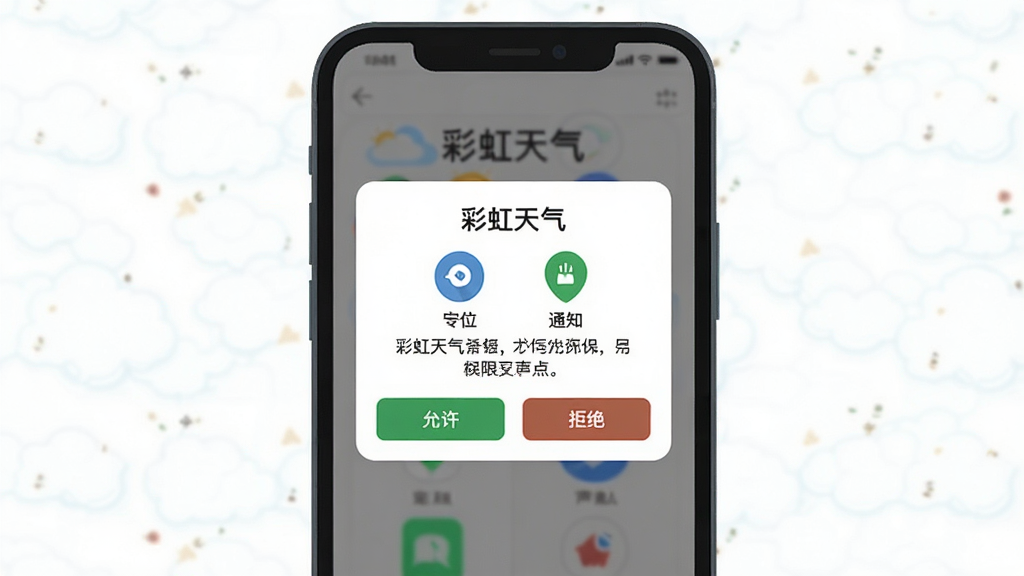 彩虹天气新手设置引导界面插画,主体为手机屏幕显示权限请求弹窗,弹窗上有“彩虹天气”字样和定位、通知权限图标,布局为居中弹窗,风格为扁平化UI设计,细节包括允许和拒绝按钮、权限说明文字,画质清晰,干净无多余元素