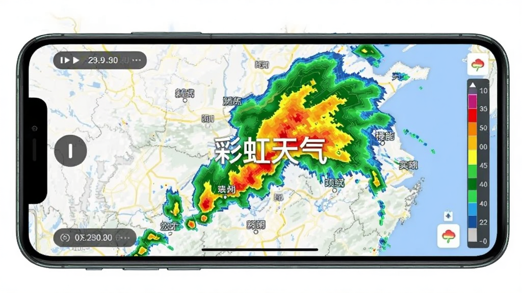 彩虹天气实时雷达图功能展示图,主体为手机屏幕显示彩色雷达回波图,图上有“彩虹天气”水印,布局为全屏地图模式,风格为气象科技风格,细节包括绿色黄色红色雷达色块、城市地名标注、时间播放按钮,画质清晰,干净整洁