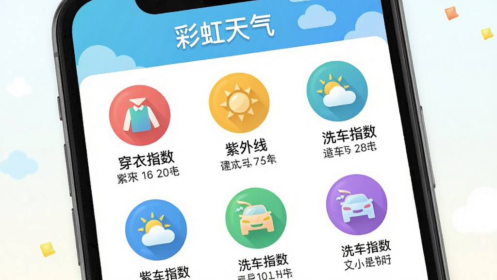彩虹天气生活指数页面示意图,主体为手机屏幕展示多个圆形图标和文字标签,如“穿衣指数”“紫外线”“洗车指数”,屏幕上方有“彩虹天气”标题,布局为网格排列,风格活泼清新,细节包括彩色图标和简短建议文字,画质清晰,干净无多余元素