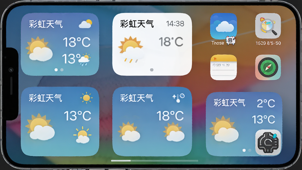 彩虹天气桌面小组件展示图,主体为手机主屏幕,屏幕上放置多个不同大小的天气小组件,组件上显示“彩虹天气”和温度、天气图标,布局为桌面网格,风格为现代手机OS风格,细节包括时间、日期、其他应用图标,画质高清,干净整洁