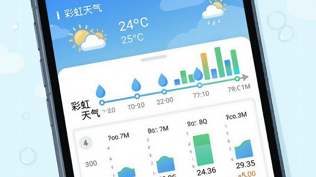 彩虹天气应用内分钟级降雨预报界面截图风格插画,主体为手机屏幕显示一条时间轴,轴上标注“彩虹天气”字样,时间轴上有蓝色雨滴图标和降雨强度柱状图,布局为上下结构,上方是当前天气,下方是分钟级预报,风格清新科技感,细节包括时间刻度、降雨量数字,画质高清,干净无多余元素