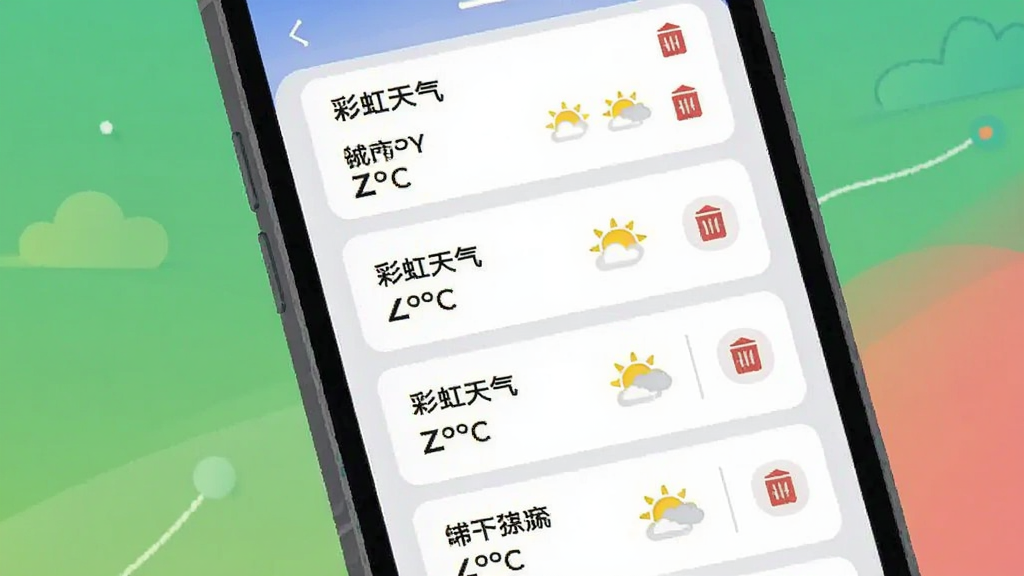 彩虹天气多城市管理界面插画,主体为手机屏幕显示多个城市天气卡片列表,卡片上写有“彩虹天气”和不同城市名称,布局为垂直列表,风格简约卡片式设计,细节包括温度数字、天气图标、删除按钮,画质干净,无杂乱元素