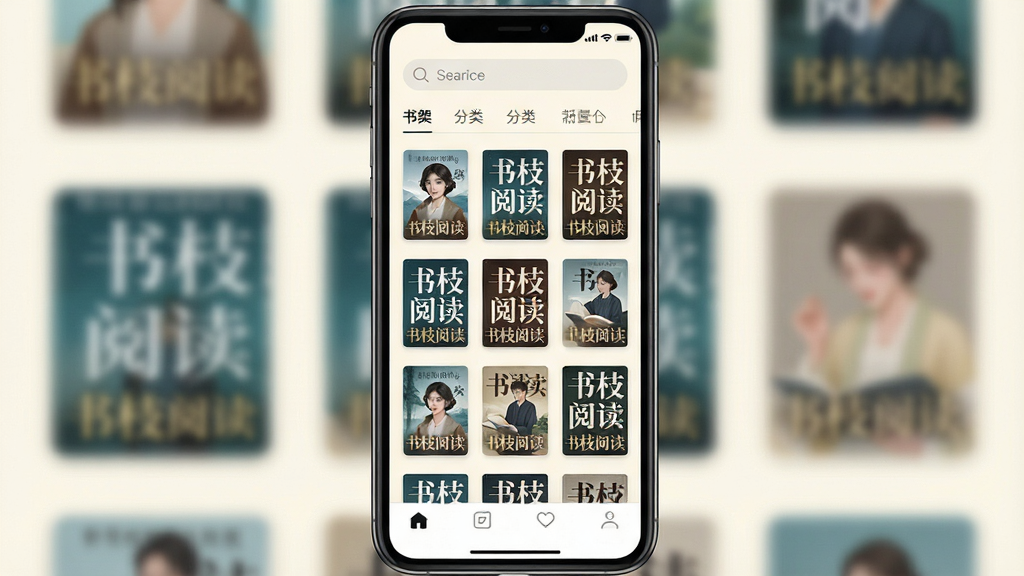 书枝阅读 应用主界面展示 手机屏幕中呈现 书架页面 整齐排列多本小说封面 背景为淡雅米白色 顶部有搜索栏与分类标签 底部导航栏简洁 风格清新简约 画质清晰 干净无多余元素