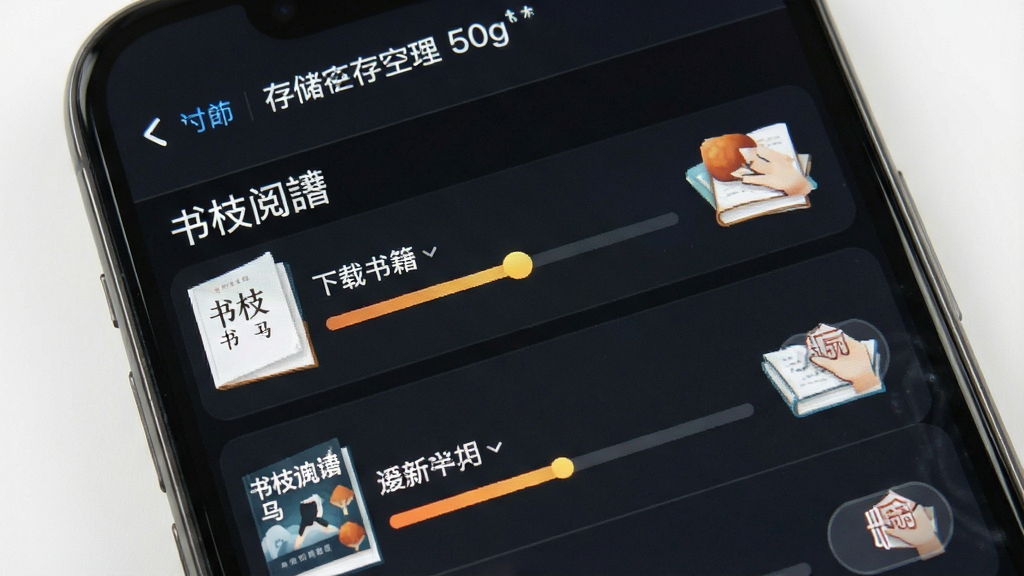 书枝阅读 离线缓存管理界面 手机屏幕显示 已下载书籍列表 每项有进度条与删除按钮 顶部有存储空间提示 风格清爽 排版整齐 画质清晰 干净无多余元素