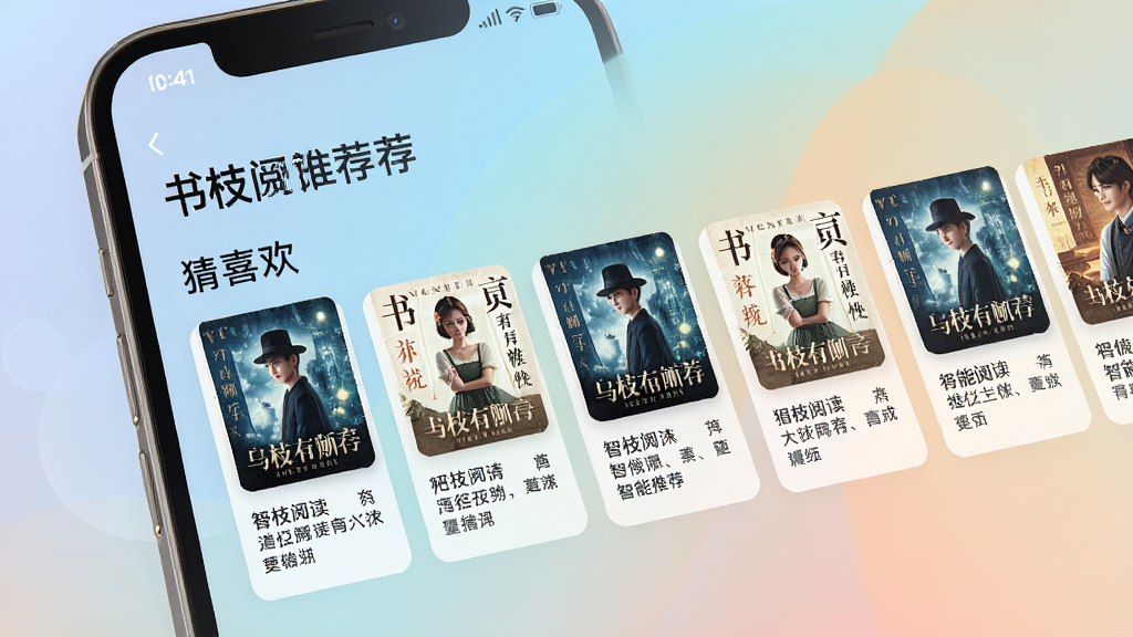 书枝阅读 智能推荐页面 手机屏幕中显示 猜你喜欢 板块 多本小说卡片横向滑动 每张卡片有封面和简介 背景柔和渐变 风格现代 细节精致 画质清晰 干净无多余元素