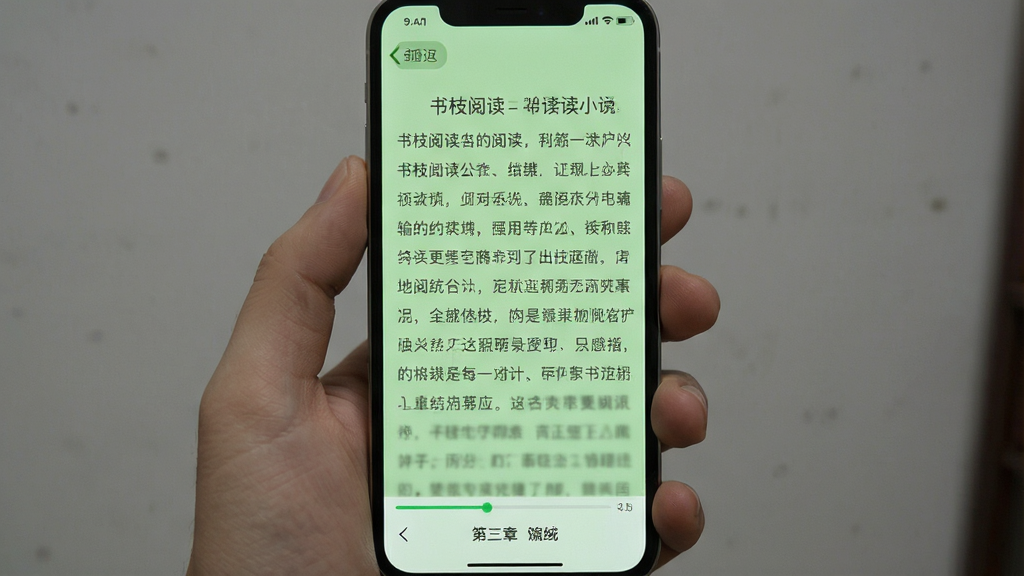 书枝阅读 阅读界面 手机屏幕显示 小说正文 背景为护眼绿色 字体清晰 底部有进度条与章节名称 顶部有返回按钮 风格简洁 画质清晰 干净无多余元素