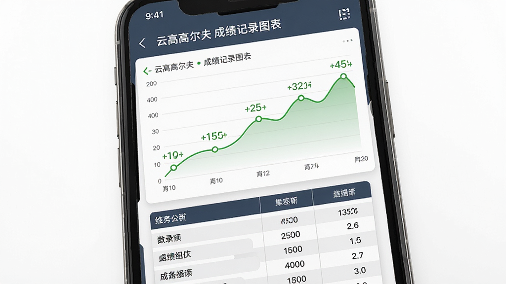 云高高尔夫 成绩记录图表页面,主体为手机屏幕显示折线图和统计表格,布局为手机居中,排版专业,风格数据分析,细节包含绿色折线和数字标注,画质高清,干净,无多余元素