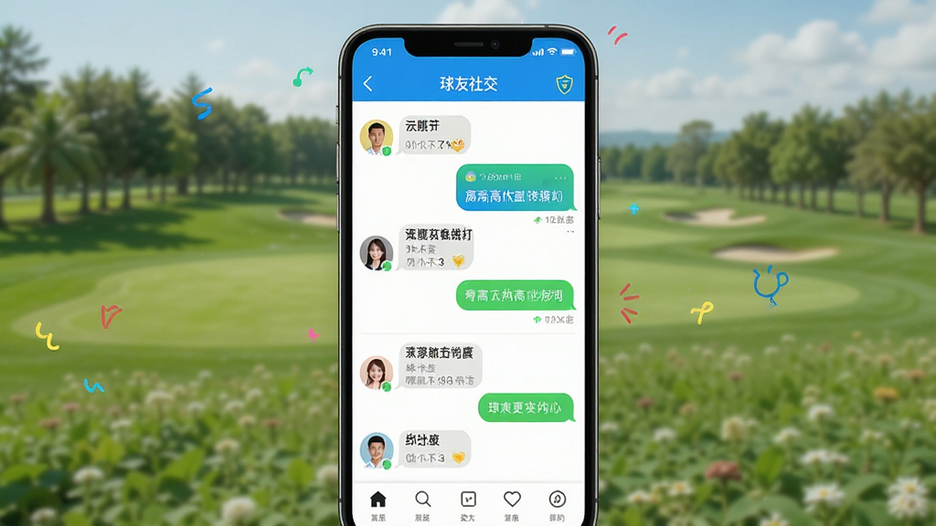 云高高尔夫 球友社交界面,主体为手机屏幕显示聊天列表和约球动态,布局为手机居中,排版活泼,风格社交应用,细节包含头像和对话气泡,画质高清,干净,无多余元素