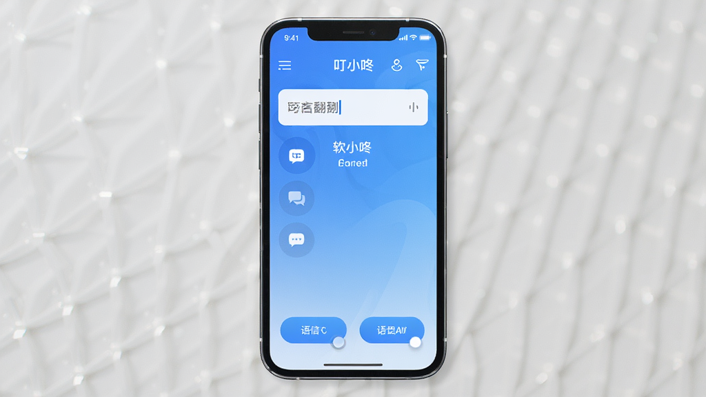叮小咚翻译 软件主界面 手机屏幕展示 多语言翻译功能 蓝色渐变背景 简洁现代UI 主体为手机居中放置 布局清晰 排版规整 风格清新科技感 细节包含翻译输入框和语言切换按钮 画质清晰 干净 无多余元素