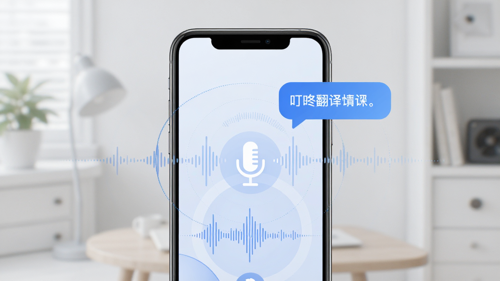 叮小咚翻译 语音翻译功能 手机麦克风图标 声波可视化效果 主体为手机界面 布局居中 排版简洁 风格现代科技 细节包含语音波形和翻译文字气泡 画质清晰 干净 无多余元素