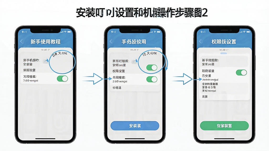 叮小咚翻译 新手使用教程 手机操作步骤图 主体为手机屏幕展示安装和权限设置流程 布局分步骤排列 排版清晰 风格教程图解 细节包含权限开关和安装按钮 画质清晰 干净 无多余元素