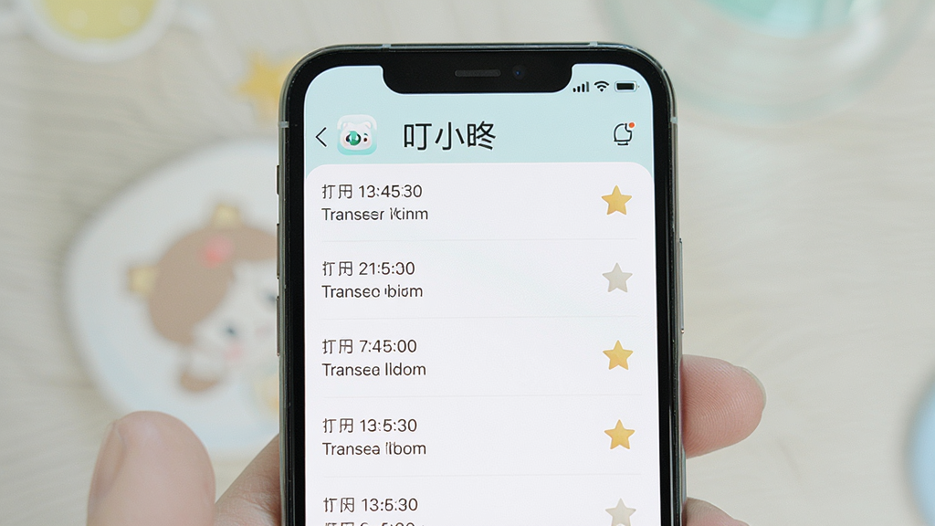 叮小咚翻译 历史记录与收藏界面 手机屏幕展示翻译记录列表 主体为手机界面 布局上下结构 排版规整 风格清新浅色 细节包含时间戳和收藏星标图标 画质清晰 干净 无多余元素