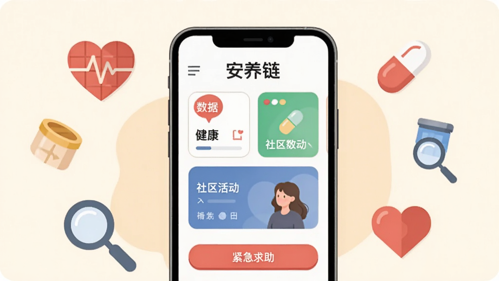 画面中央放置一部智能手机,屏幕上显示“安养链”APP首页界面,界面包含健康数据卡片、社区活动入口和紧急求助按钮。手机周围环绕着心电图图标、药丸图标、放大镜图标和爱心图标,采用扁平化插画风格,背景为温暖米白色,构图居中对称,文字清晰可见“安养链”三个字,画质干净清晰,无多余元素