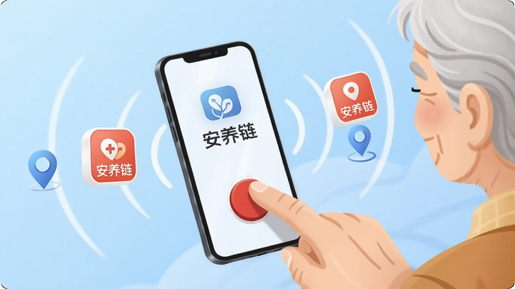 画面展示一位老人手指长按手机屏幕上的红色紧急按钮,手机周围放射出信号波纹,波纹中带有“安养链”APP图标和定位标志,背景为淡蓝色渐变,构图突出手机和手指动作,插画风格简洁明快,文字“安养链”清晰可见,画质干净,无多余元素
