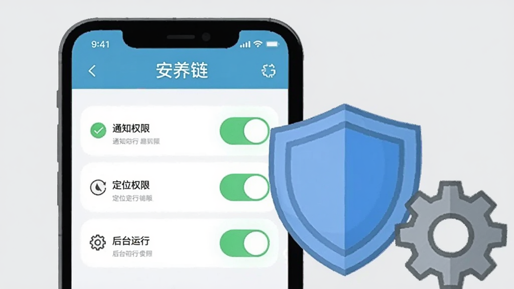 一部手机屏幕显示“安养链”APP设置界面,界面中通知权限、定位权限、后台运行三个开关呈高亮状态,手机旁边放置一个盾牌图标和齿轮图标,背景为浅灰色,构图简洁清晰,插画风格扁平化,文字“安养链”清晰可见,画质干净,无多余元素