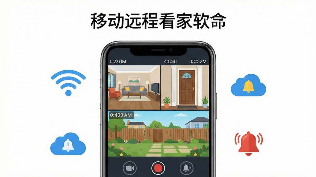 手机移动远程看家软件主界面展示,画面中央是一部智能手机屏幕,屏幕上显示着多个摄像头监控画面窗口,包含客厅、门口、庭院等不同场景的实时画面,手机周围环绕着WiFi信号图标、云存储图标和告警铃铛图标,整体布局为居中构图,上方留白放置软件名称文字,风格为科技感扁平化插画,细节包含画面分屏、时间戳、录制按钮等元素,画质清晰锐利,干净整洁,无多余元素