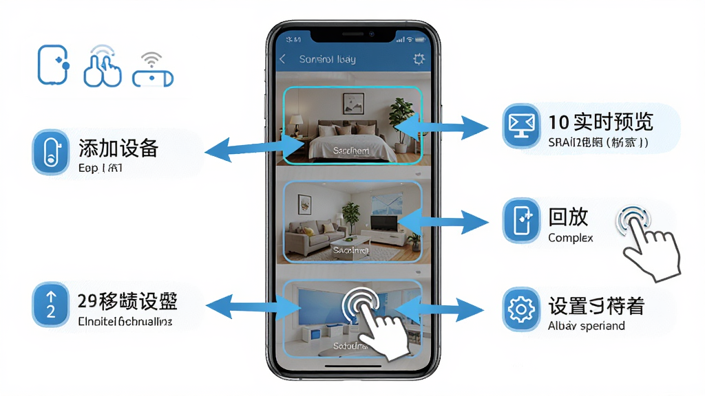 手机移动远程看家操作界面教程图,画面为手机屏幕截图展示,屏幕上标注了添加设备、实时预览、回放、设置等操作步骤的箭头指引,布局为手机居中,周围有文字标注说明,风格为教程示意图风格,细节包含步骤编号、功能高亮框、操作手势图标,画质清晰,干净整洁,无多余元素