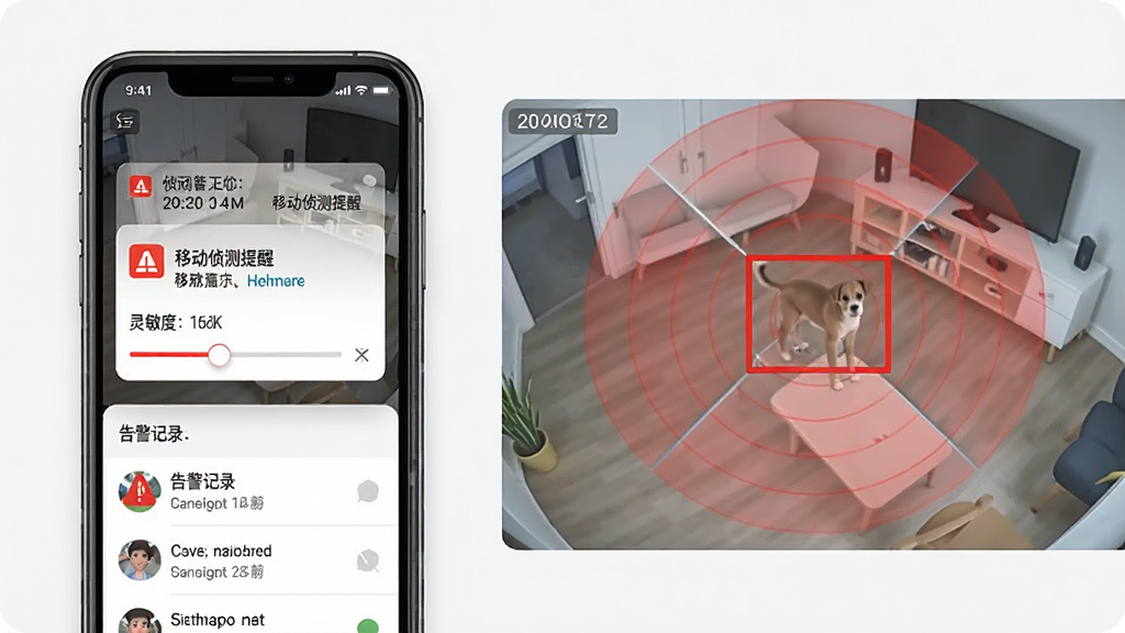 手机移动远程看家智能告警功能示意图,画面左侧为手机屏幕显示告警推送通知,通知内容为移动侦测提醒,右侧为监控画面中一个红色矩形框标记出移动物体位置,画面中有雷达波纹扩散效果表示侦测范围,布局为左右分栏,风格为现代扁平化设计,细节包含时间戳、灵敏度调节滑块、告警记录列表,画质清晰,干净利落,无多余元素