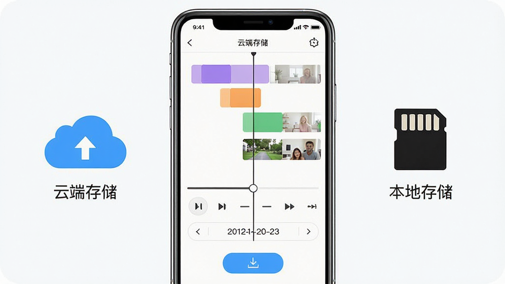 手机移动远程看家存储功能展示图,画面中央为手机界面显示录像回放时间轴,左侧有云朵图标代表云端存储,右侧有SD卡图标代表本地存储,时间轴上有不同颜色标记的录像片段,布局为居中对称构图,风格为简洁明快的UI风格,细节包含回放进度条、日期选择器、下载按钮,画质清晰,干净整洁,无多余元素