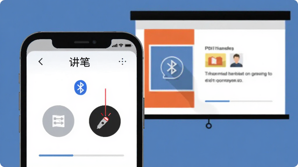 画面中央一部智能手机屏幕显示讲笔APP遥控界面,界面有翻页按钮与激光笔图标,背景是投影幕布上显示PPT幻灯片,整体布局左手机右幕布,风格为现代科技感扁平插画,细节包含蓝牙连接图标与进度条,画质清晰干净无多余元素,画面中文字标注“讲笔”