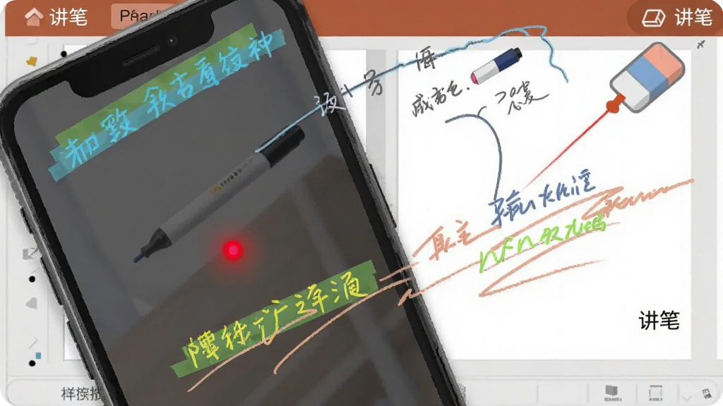 手机屏幕显示红色激光点与手写批注线条,背景是PPT课件页面,画面采用俯视角度,风格为教学场景写实插画,细节包含彩色标注笔迹与橡皮擦图标,画质清晰明亮,画面中文字标注“讲笔”