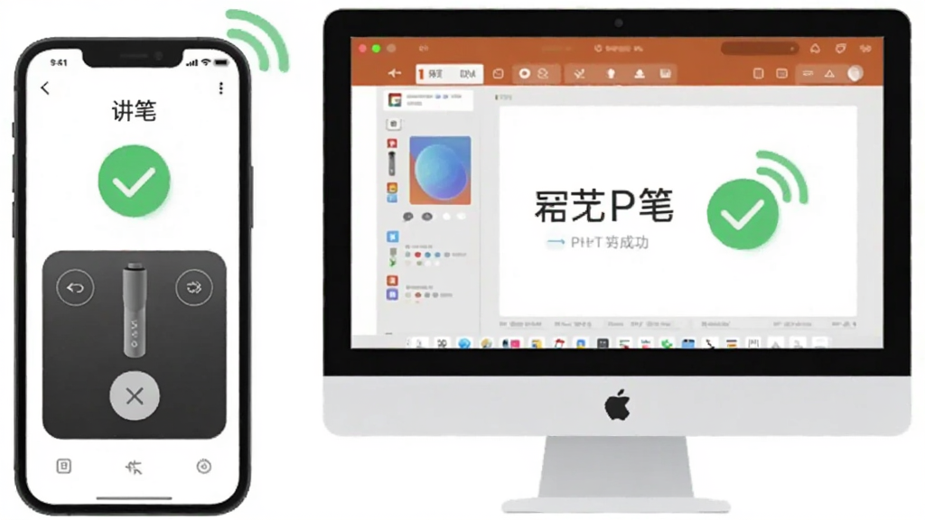 手机与电脑并排展示讲笔连接成功界面,手机显示遥控按钮,电脑显示PPT首页,画面采用正面平视构图,风格为清新扁平插画,细节有绿色连接成功对勾与信号图标,画质柔和干净,图中文字标注“讲笔”
