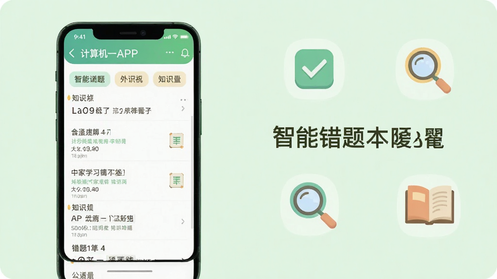 计算机一级APP智能错题本界面展示,手机屏幕内显示错题列表与知识点标签,背景为淡绿色学习氛围,有对勾、放大镜、书本图标点缀,扁平化设计风格,画面简洁明亮,高清画质