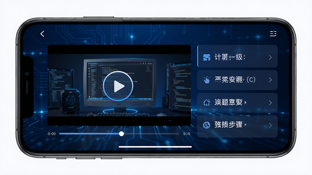 计算机一级APP操作题视频解析界面,手机横屏展示视频播放窗口与操作步骤列表,背景为深蓝色科技感学习场景,有播放按钮与进度条元素,风格现代简洁,画面干净无杂乱,高清画质