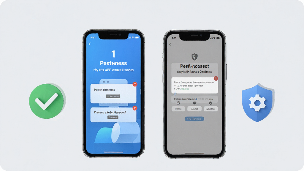 计算机一级APP新手安装与使用教程示意图,手机屏幕显示安装步骤与权限设置界面,旁边有对勾、盾牌、齿轮图标装饰,背景为浅灰色简约风格,画面干净整洁,高清画质