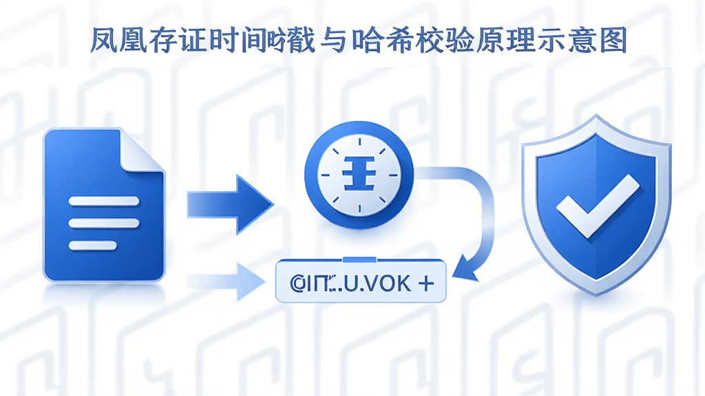 凤凰存证时间戳与哈希校验原理示意图,画面左侧为文件图标,中间有箭头指向时间戳图标和哈希值字符串,右侧为盾牌与对勾标志,整体以蓝色和白色为主色调,布局横向排列,风格专业严谨,细节清晰,画质高清,干净,无多余元素