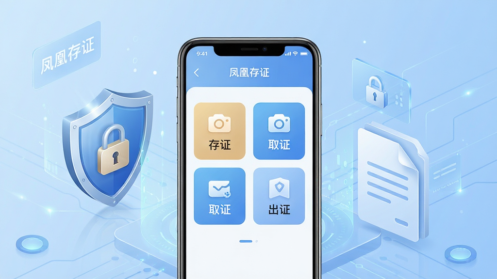 凤凰存证手机应用界面展示,画面中央是一部智能手机,屏幕显示凤凰存证APP的首页界面,包含存证、取证、出证等功能模块图标,背景为淡蓝色渐变科技风格,周围环绕盾牌、锁、文件等安全元素,布局简洁清晰,风格现代商务,细节精致,画质高清,干净,无多余元素