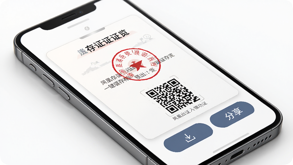 凤凰存证一键出证功能界面图,手机屏幕显示存证证书预览页面,证书上有红色印章图案和二维码,旁边有下载按钮和分享按钮,背景为白色简洁风格,细节精致,画质高清,干净,无多余元素