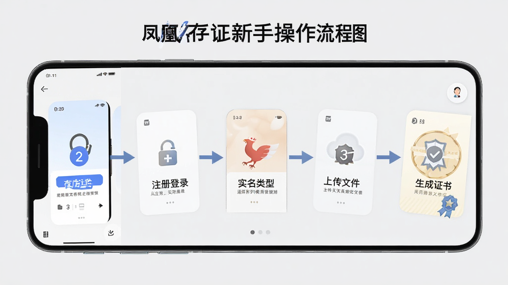凤凰存证新手操作流程图,画面以手机界面截图为主体,用箭头和数字标注从注册登录、实名认证、选择存证类型、上传文件到生成证书的完整步骤,背景为浅灰色,风格简洁教程风,细节清晰,画质高清,干净,无多余元素