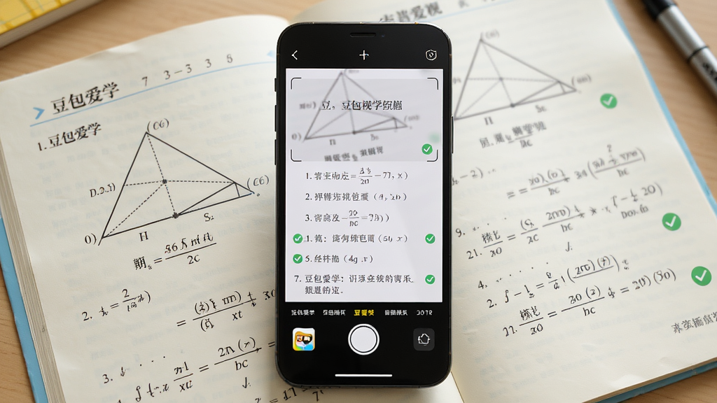 一张AI生图,主体为一部手机正在拍摄数学练习册上的几何题,手机屏幕中显示识别后的题目与分步骤解答界面,布局为手机居中、练习册在下方平铺,风格为写实科技风,细节包括屏幕上的公式、步骤编号、对勾图标,画质高清,画面干净,无多余元素,图片中文字标注
