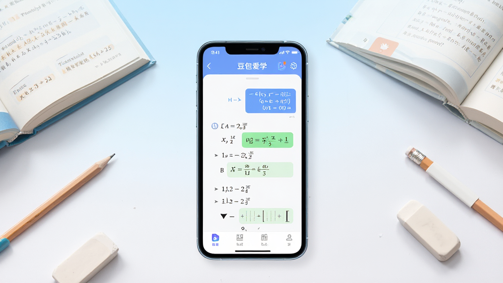 一张干净的软件宣传图,画面中央放置一部智能手机,手机屏幕显示豆包爱学APP的对话辅导界面,界面中有数学公式与解题步骤,手机周围散落着书本、铅笔、橡皮等学习用品,背景为浅蓝到白色的柔和渐变,整体风格清新简洁,排版居中,细节清晰,画质高清,画面干净无多余元素,图片中文字标注