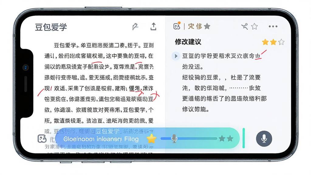 一张AI生图,主体为一部手机屏幕显示作文批改界面,左侧为原文、右侧为修改建议,屏幕下方有英语跟读评分条,布局为手机居中特写,风格为清爽教育风,细节包括红笔批注图标、星级评分、麦克风按钮,画质高清,画面干净,无多余元素,图片中文字标注