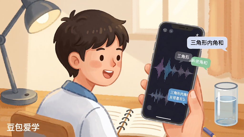 一张AI生图,主体为一名中学生坐在书桌前对着手机说话,手机屏幕显示语音波形与对话气泡,气泡中写有