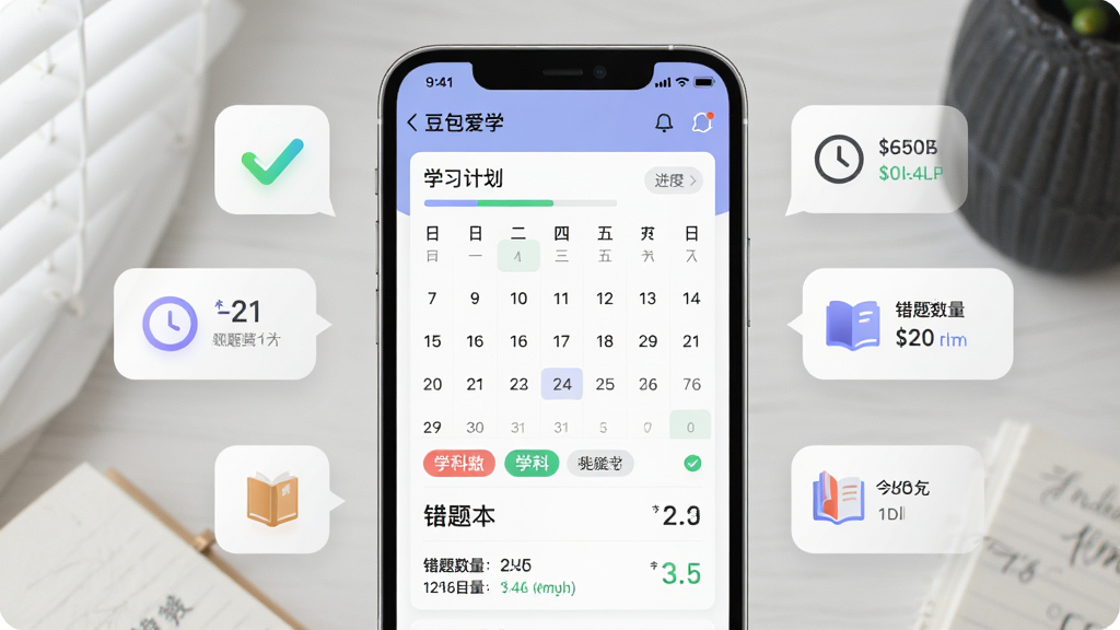 一张AI生图,主体为手机屏幕展示学习计划日历与错题本列表,界面中有进度条、学科标签、错题数量统计,布局为手机居中、周围有浮动数据图标,风格为现代简约风,细节包括对勾、时钟、书本图标,画质高清,画面干净,无多余元素,图片中文字标注