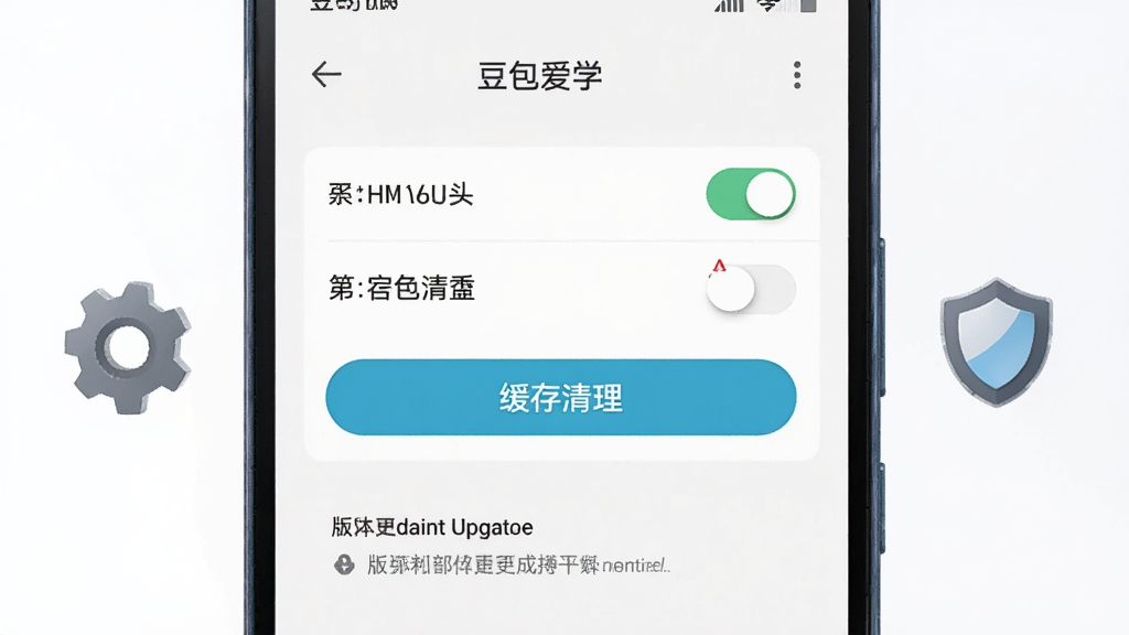 一张AI生图,主体为一部安卓手机显示豆包爱学的设置界面,界面中有权限开关、缓存清理按钮、版本更新提示,布局为手机居中、旁边有齿轮和盾牌图标,风格为科技简约风,细节包括绿色对勾、红色警告标识,画质高清,画面干净,无多余元素,图片中文字标注