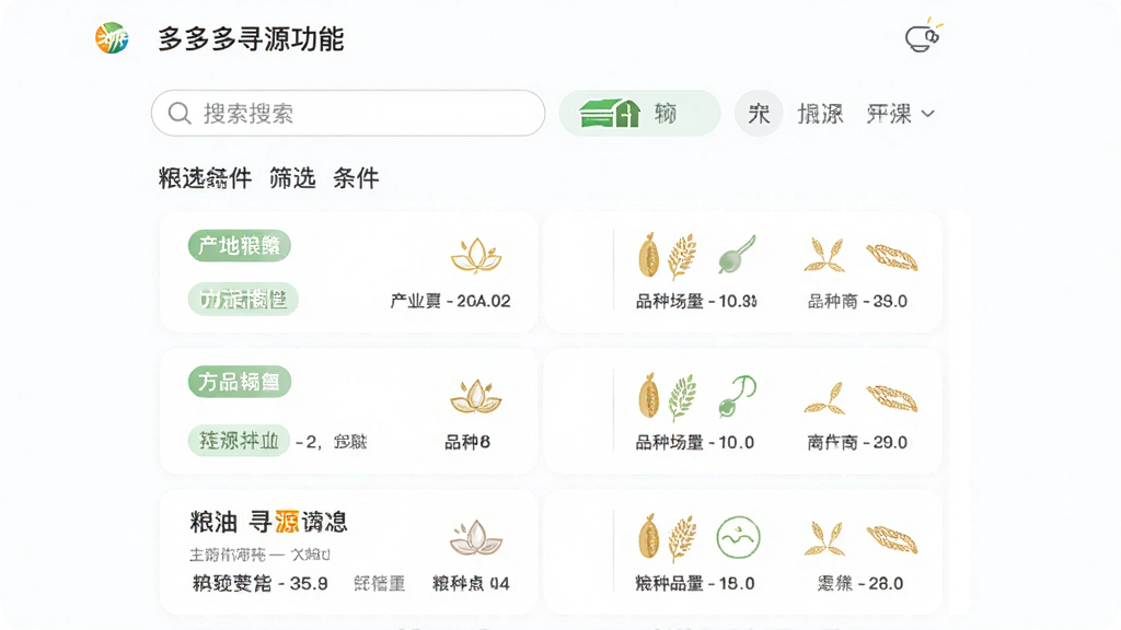 主体为粮油多多寻源功能界面,布局为搜索框加筛选条件加结果列表,排版采用纵向列表式,风格为清新浅色风,细节上列表项包含产地标签与品种图标,背景为白色,画质高清,画面干净,无多余元素