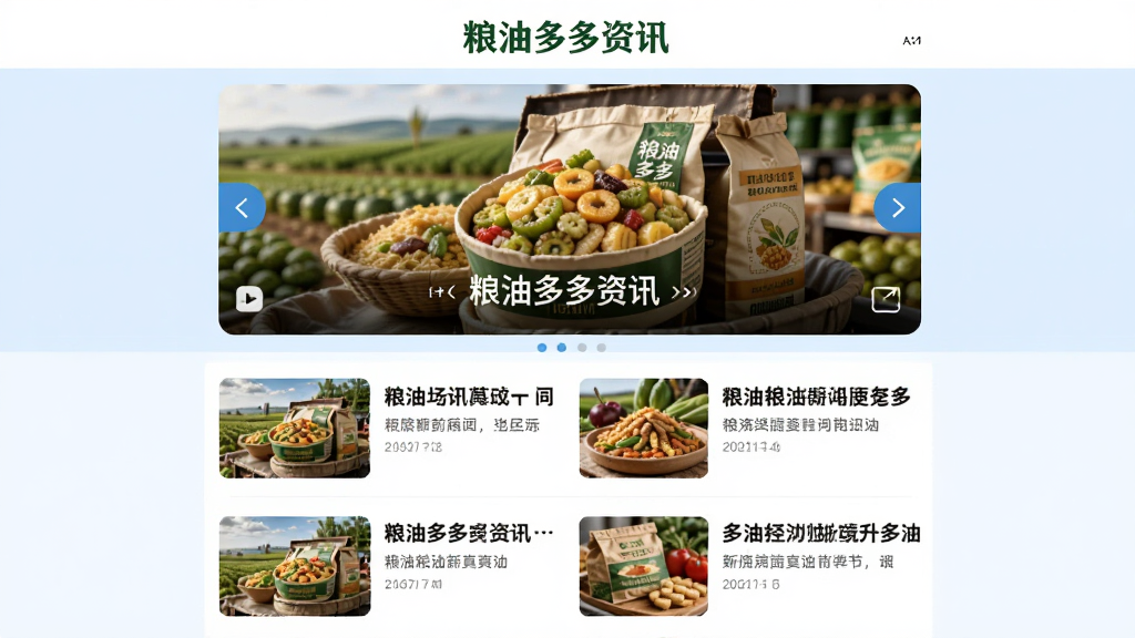 主体为粮油多多资讯页面,布局为顶部轮播图加下方新闻列表,排版采用图文混排,风格为现代资讯风,细节上新闻缩略图与标题对应,背景为浅蓝色,画质清晰,画面干净,无多余元素