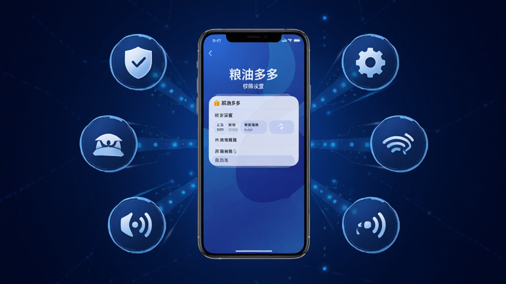 主体为手机屏幕显示粮油多多权限设置界面,布局为居中手机与周围图标环绕,排版采用放射状构图,风格为科技安全风,细节上图标包含盾牌、齿轮、网络信号等元素,背景为深蓝色渐变,画质高清,画面干净,无多余元素