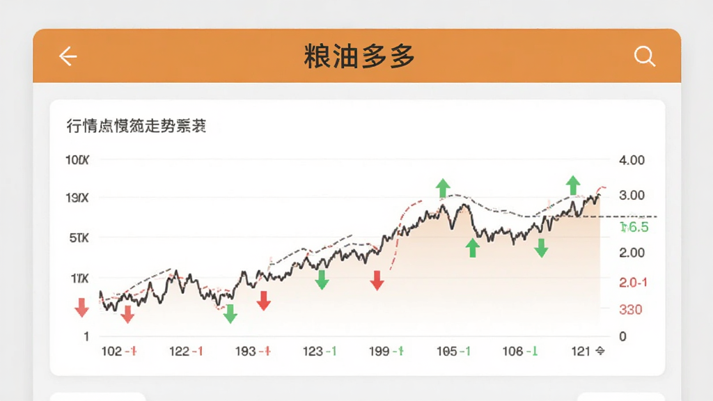 主体为粮油多多应用内的行情走势界面,布局为上方标题栏与下方折线图结合,排版采用卡片式设计,风格为简洁商务风,细节上折线图带有红绿涨跌标识,背景为浅灰色,画质清晰,画面干净,无多余元素