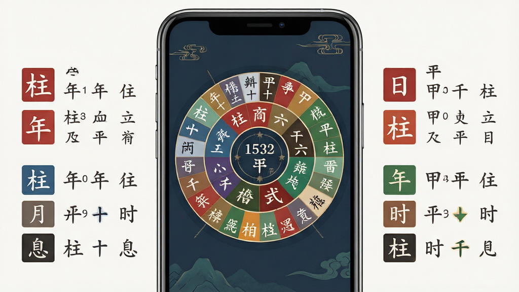 甲子日历干支历法查询功能展示图,画面主体为手机屏幕,屏幕中央显示六十甲子圆盘与当前日期干支高亮标记,布局左侧为年柱月柱信息,右侧为日柱时柱信息,排版规整,风格为现代扁平化与中国风结合,细节上突出干支文字与五行色彩,画质清晰,干净,无多余元素