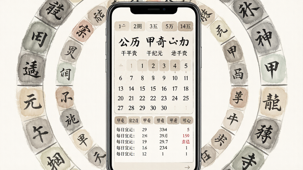 甲子日历软件主界面全貌预览图,手机屏幕居中展示,主体为日历信息面板,布局包含公历日期、农历日期、干支纪年、每日宜忌列表,四周环绕六十甲子环形图装饰元素,排版简洁清晰,风格为中国传统水墨淡彩风,细节上突出日历数字与文字排版,画质高清,干净,无多余元素
