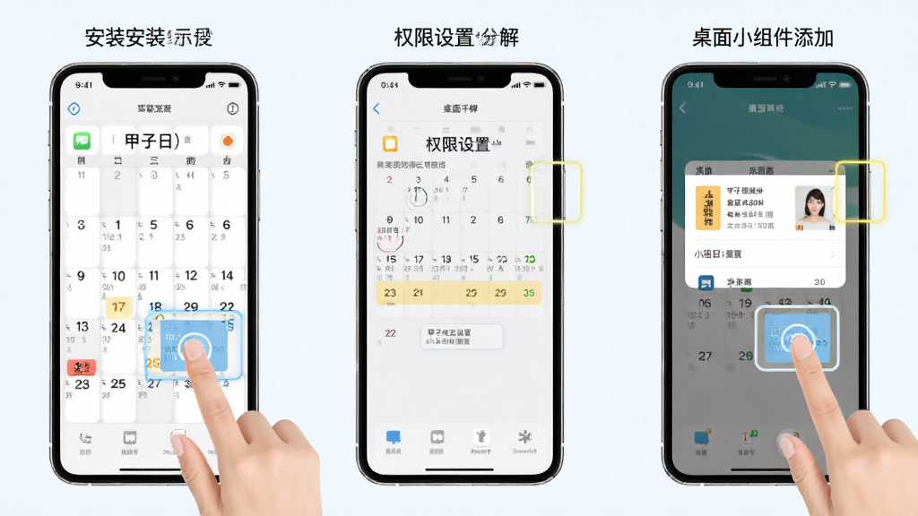 甲子日历移动端使用教程示意图,主体为手机屏幕操作步骤分解,布局从左到右依次为安装界面、权限设置界面、桌面小组件添加界面,排版横向排列,风格为清爽浅色教程风,细节上突出手指点击位置与高亮框,画质清晰,干净,无多余元素