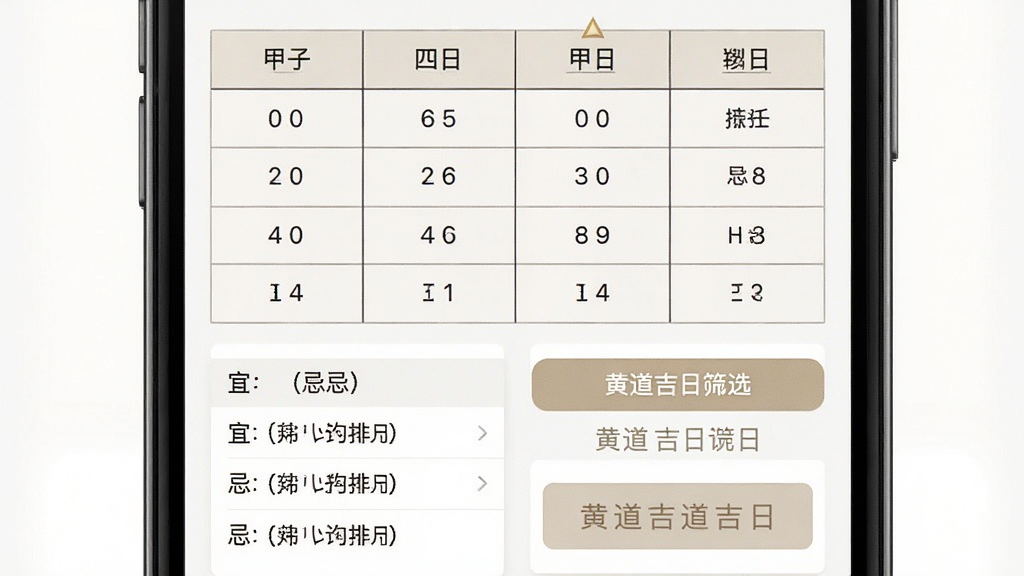 甲子日历八字排盘与黄道吉日查询界面图,主体为手机应用截图,布局上方为八字四柱表格,下方为宜忌列表与黄道吉日筛选按钮,排版对称,风格为素雅浅色商务风,细节上突出表格线条与文字层级,画质高清,干净,无多余元素