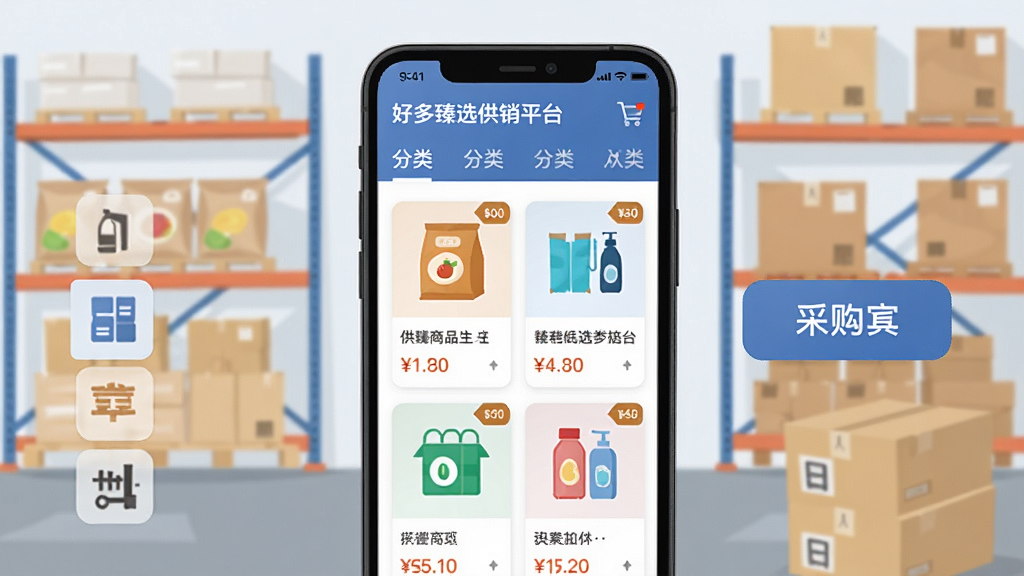 好多臻选供销平台应用主界面展示,画面中央放置一部智能手机,屏幕显示供销商品列表与分类导航栏,背景为简洁的仓储货架与纸箱元素,整体布局左中右三分,左侧为分类图标,中间为商品卡片,右侧为采购车按钮,风格为扁平化商务插画,细节包含食品包装、日用品图标、价格标签,画质清晰,干净,无多余元素